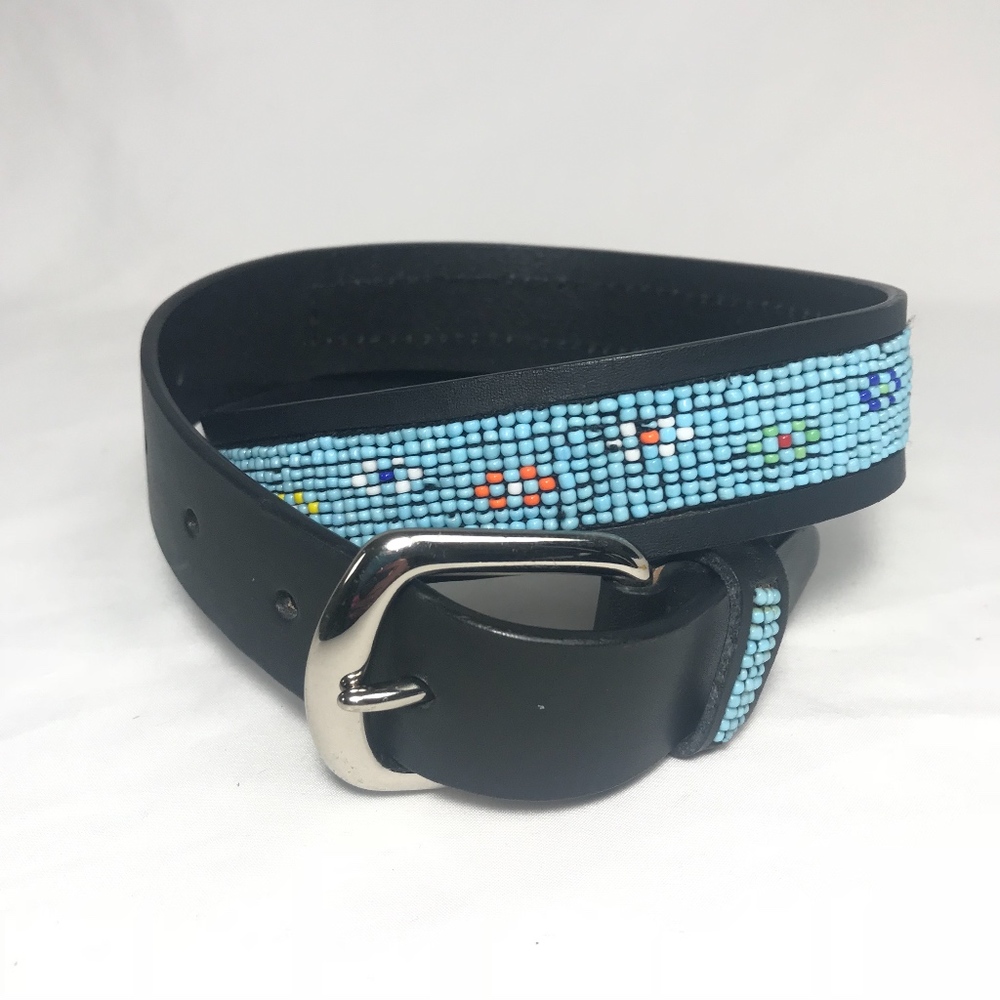 Charter Club Genuine Leather Beaded Aztec Belt Sm - Picture 3 of 8